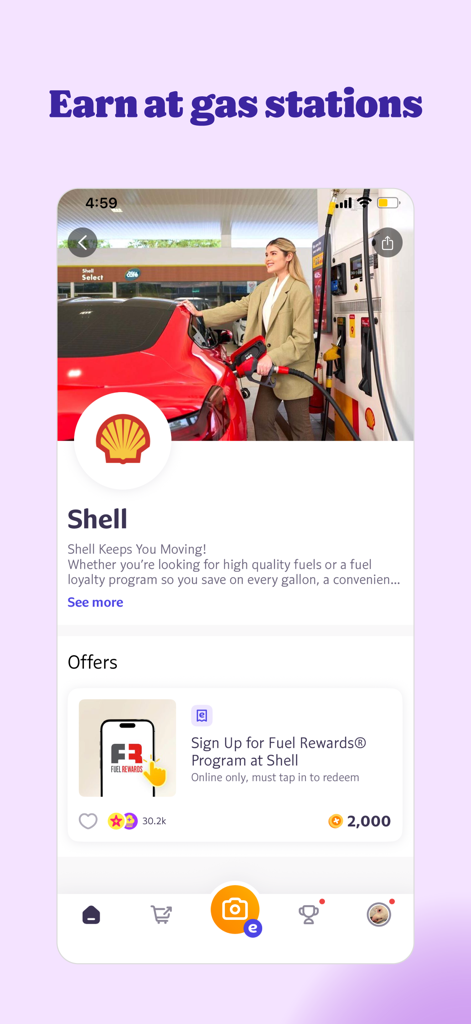 Fetch app screen displaying Shell gas station rewards and fuel program offers