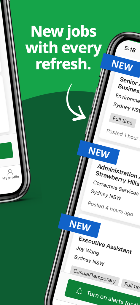 Interface do aplicativo Jora Jobs mostrando novas vagas com atualizações de recarga em tempo real