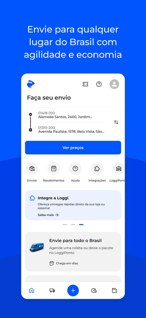 Loggi: envio local e nacional - Loggi mobile app dashboard for creating a new delivery shipment in Brazil