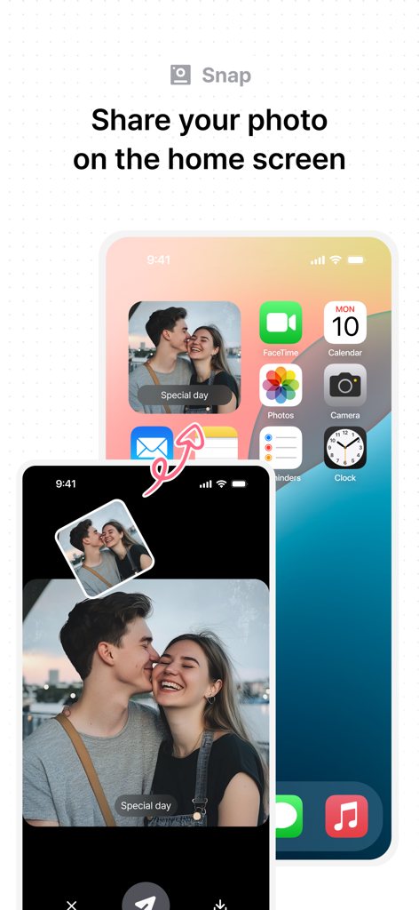 iPhone home screen displaying a shared couple photo widget using the Lubble Snap feature