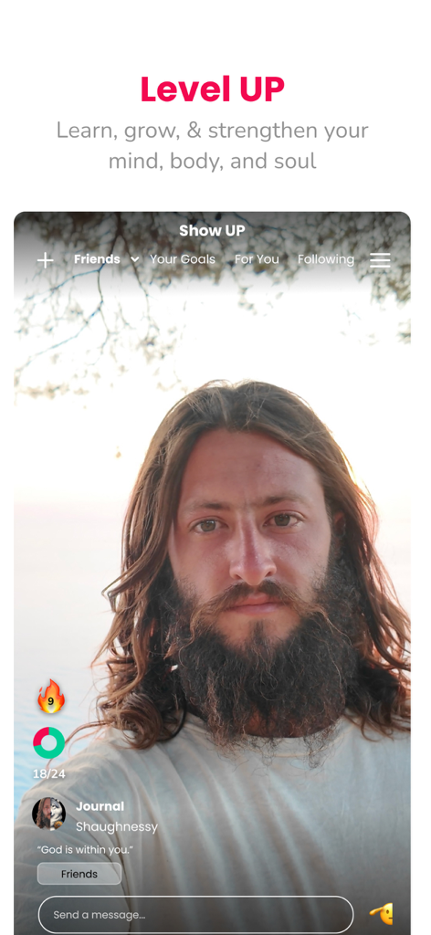 Upspace - Upspace app interface displaying a video feed from a wellness creator with the slogan Level UP.