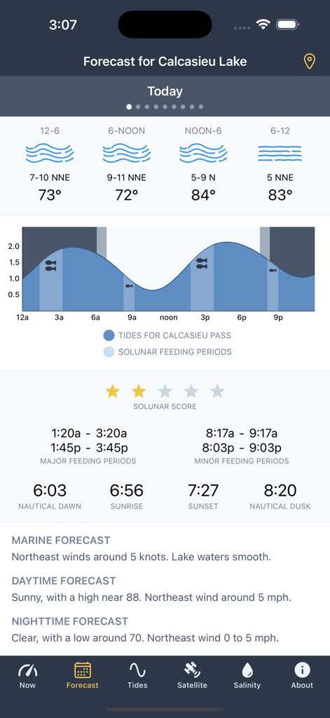 Salty Solutions - Salty Solutions app displaying fishing forecast tide chart and feeding times for Calcasieu Lake