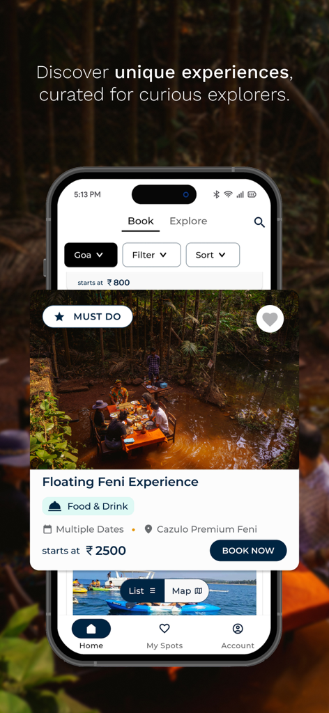 Urbanaut: Local Experiences - Urbanaut app interface showing a curated Floating Feni Experience in Goa