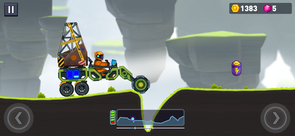 Un rover spaziale costruito su misura trasporta merci attraverso il paesaggio di un pianeta alieno in Rovercraft 2.