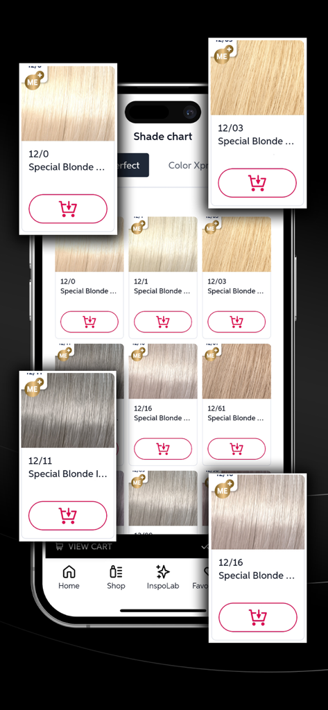 Wella - Schermata mobile dell'app Wella che mostra una tabella colori digitale con varie campiture di colore per capelli biondi e icone di acquisto