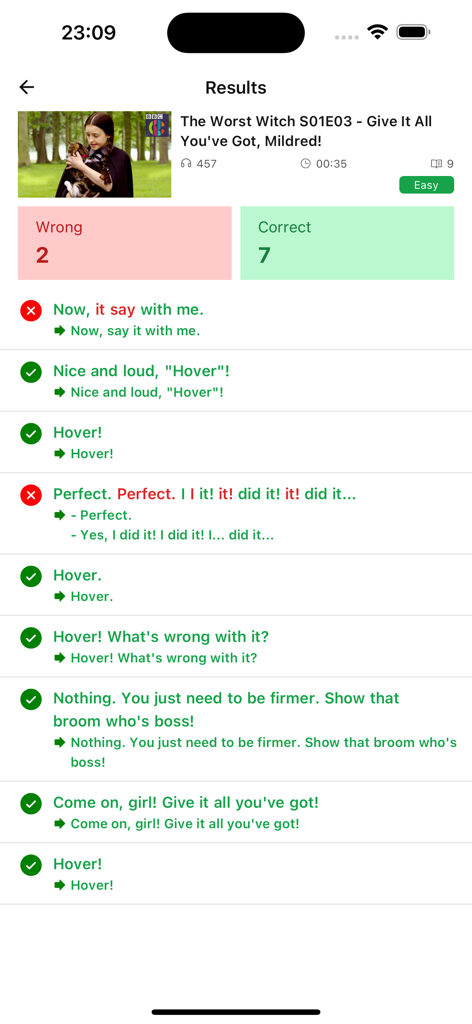 EngTube: Learn English Daily - EngTube app results screen showing correct and incorrect English sentence practice