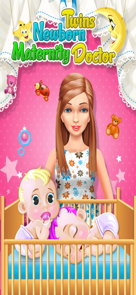 Newborn Twin Baby Mommy Doctor - Cartoon woman standing behind a wooden crib with two newborn twin babies