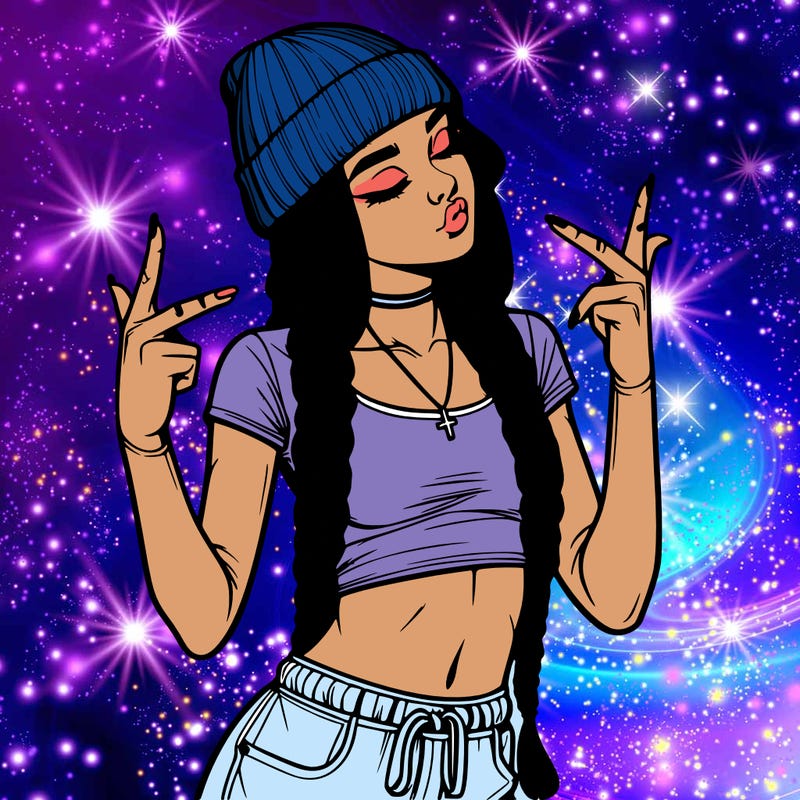 realistic teenage girl with braids and a beanie and crop top doing 🫶🏼