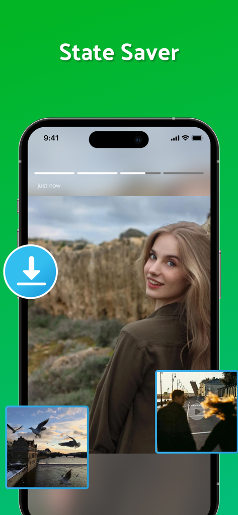 Écran de smartphone affichant la fonctionnalité State Saver avec une icône de téléchargement pour enregistrer les histoires et statuts des réseaux sociaux.