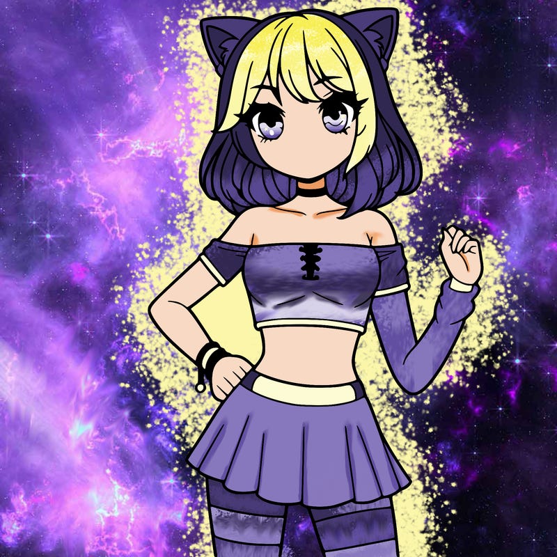 girl with crop top and a short skirt she also has medium hair with wolf bangs