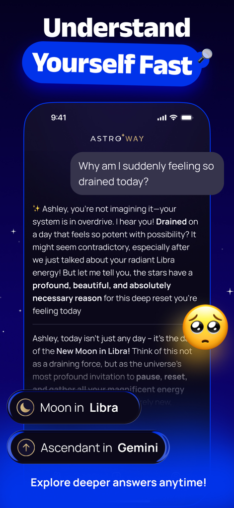 Astro Way - Personal Astrology - Astro Way app interface featuring a personalized AI astrology chat with birth chart insights