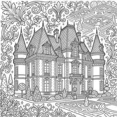 Step into a world of opulence with this exquisite French Chateau mansion coloring page. Featuring elaborate architecture, elegant turrets, and manicured gardens, it offers a sophisticated and engaging coloring experience.