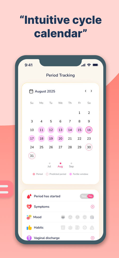 Period Cycle Calculator - Uma interface de calendário de ciclo menstrual mostrando previsões de período e janelas férteis
