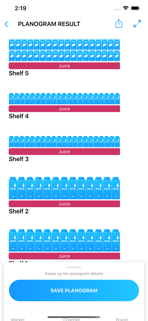 Shelfr - Planogram result screen in the Shelfr app showing juice products organized on retail shelves.