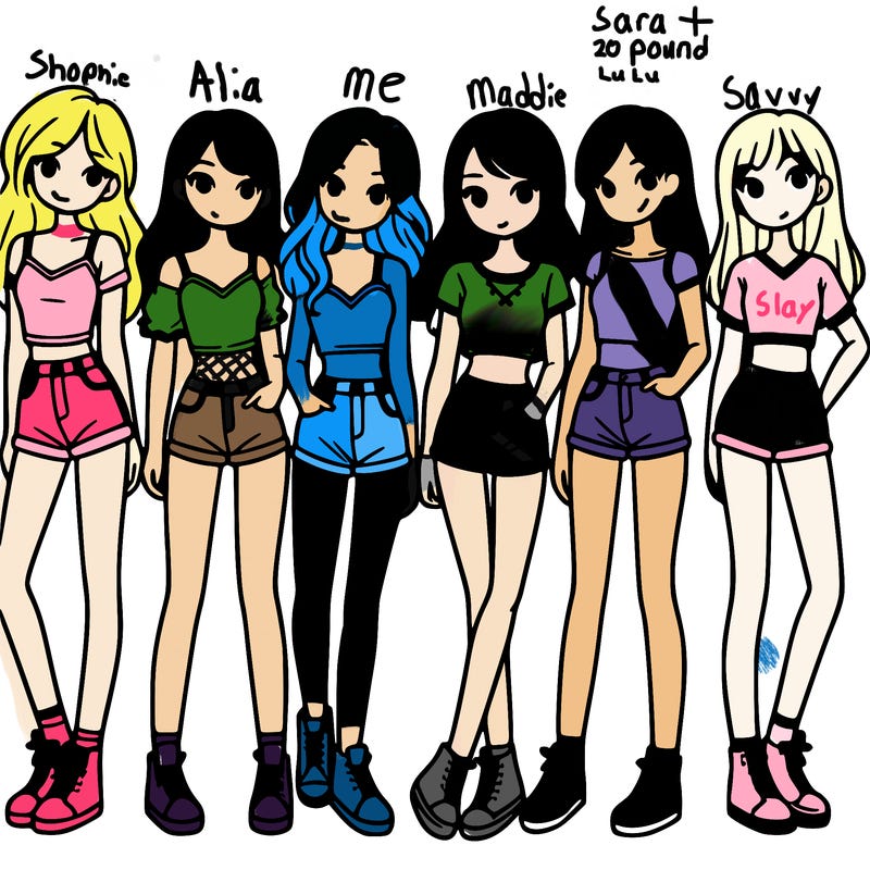 a group of girls wearing crop tops and shorts