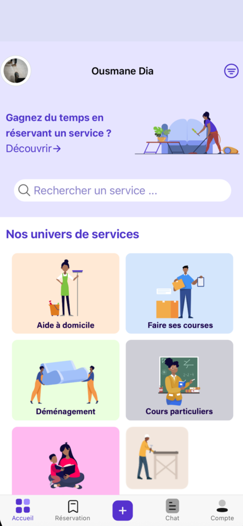 Yiti - Yiti mobile app home screen showing service categories like home help moving and private lessons