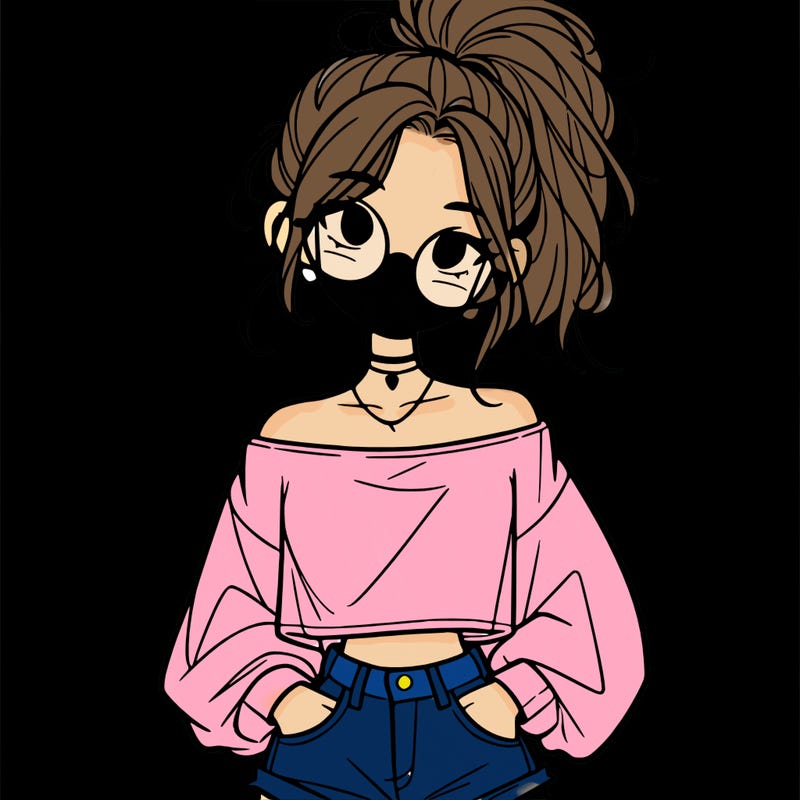 girl with a messy ponytail glasses a baggy crop top and jean shorts