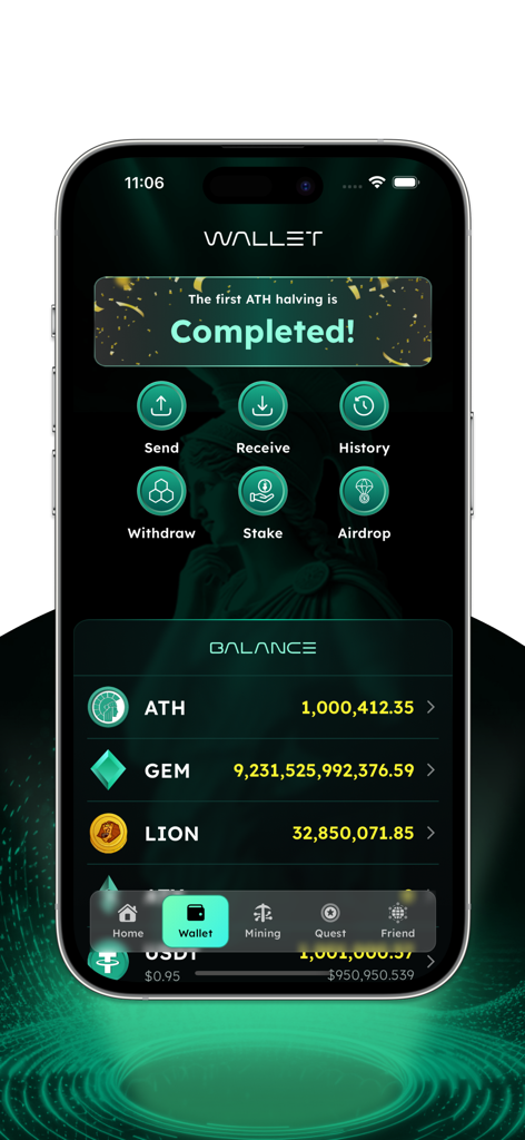 Athene Network - Tela da carteira do aplicativo móvel Athene Network exibindo saldos de criptomoedas e opções de transação