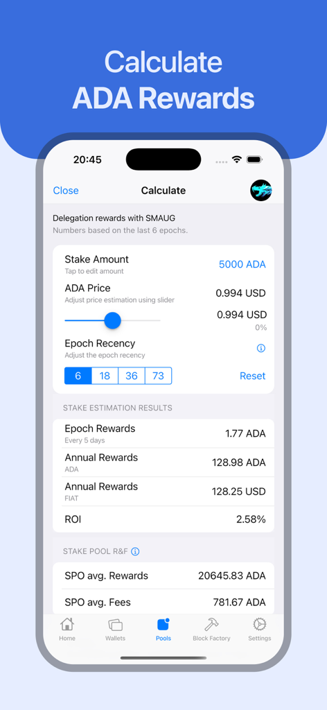 Calculator interface in ADAM Cardano app showing estimated staking rewards and ROI for ADA investors