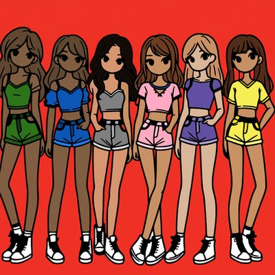 a group of girls wearing crop tops and shorts