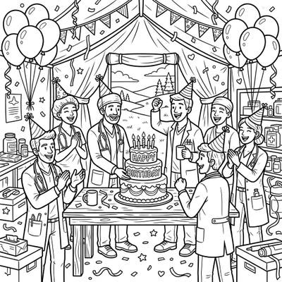 Step into a heartwarming scene where brave frontier doctors take a well-deserved break to celebrate a joyous birthday party. This engaging coloring page beautifully captures the spirit of camaraderie and fun amidst their dedicated work.