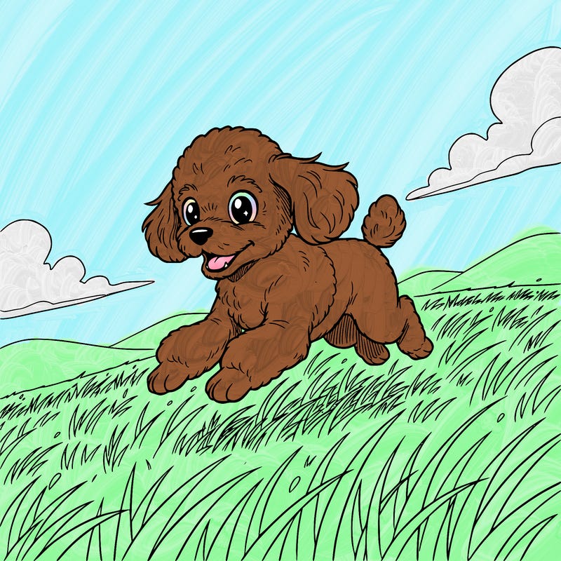 a toy poodle running in a grass field