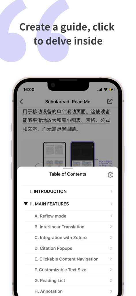 A mobile interface of the Scholaread app displaying an interactive table of contents for navigating academic research papers.