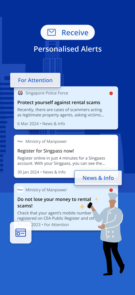 Interface of SGWorkPass app showing personalized alerts and notifications