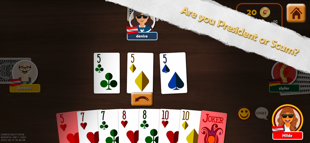 Juego en línea del juego de cartas Presidente que muestra jugadores y una mano de cartas en una mesa digital.