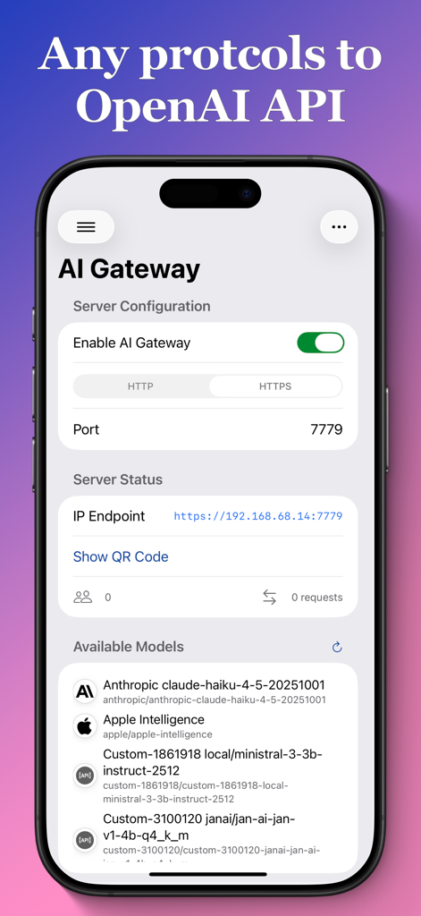 Privacy AI: Powerful chatbot - Privacy AI app interface showing AI Gateway configuration and available models including Claude and Apple Intelligence