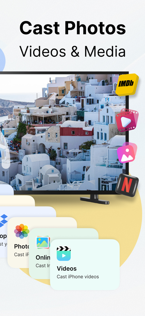 Castify app interface displaying options to cast photos videos and media from iPhone to TV