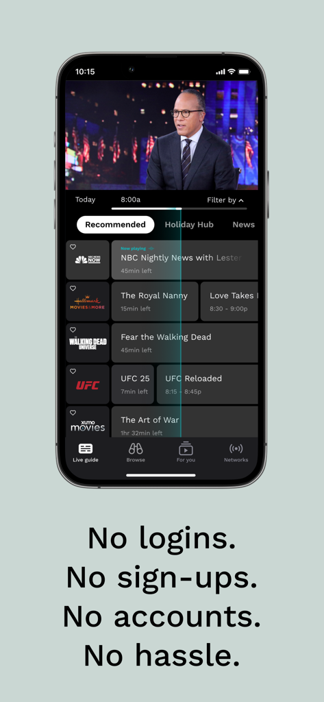 Xumo Play mobile app interface showing a live TV program guide and news stream