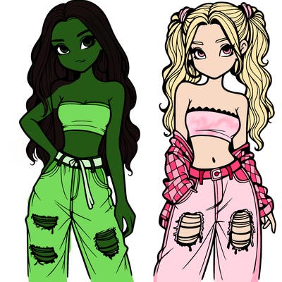 2 girls in crop tops and baggy jeans ripped