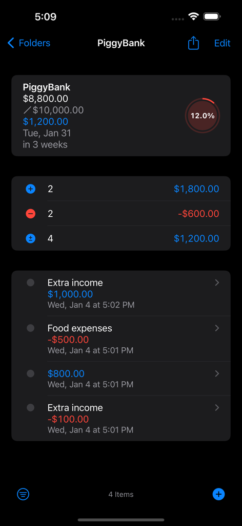 Piggy Bank savings app interface in dark mode displaying transaction history and progress towards a ten thousand dollar goal.