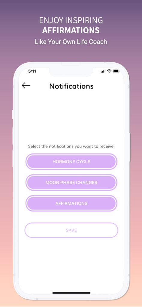 Pantalla de configuración de notificaciones en la aplicación My Moontime con opciones para cambios en las fases de la luna del ciclo hormonal y afirmaciones