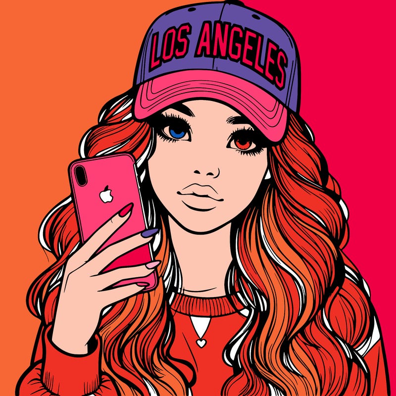 realistic beautiful girl wearing los ángeles cap holding an iphone