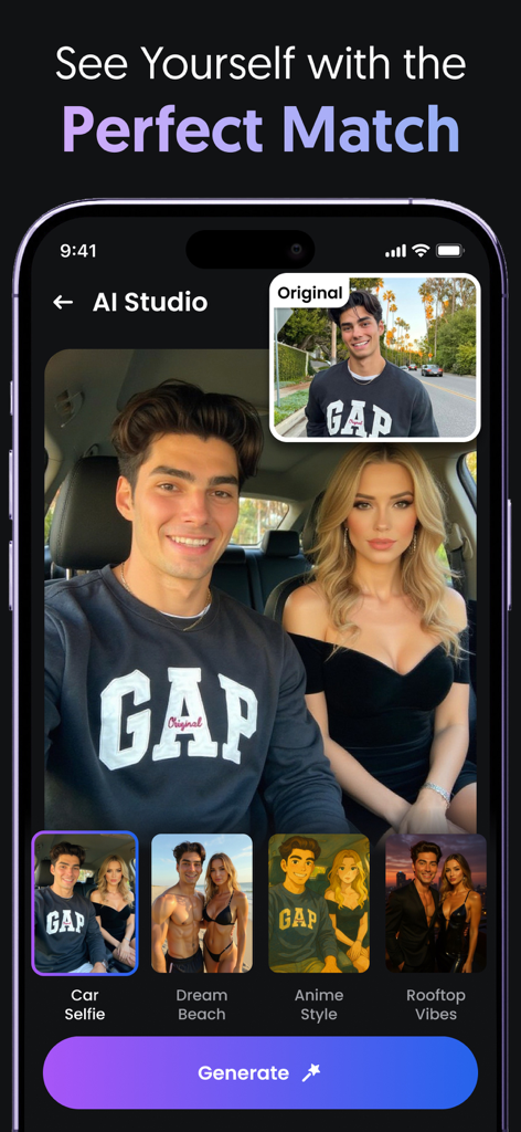 Interface of the Filter AI app showing the Perfect Match feature which generates various couple-themed scenes from a single photo.