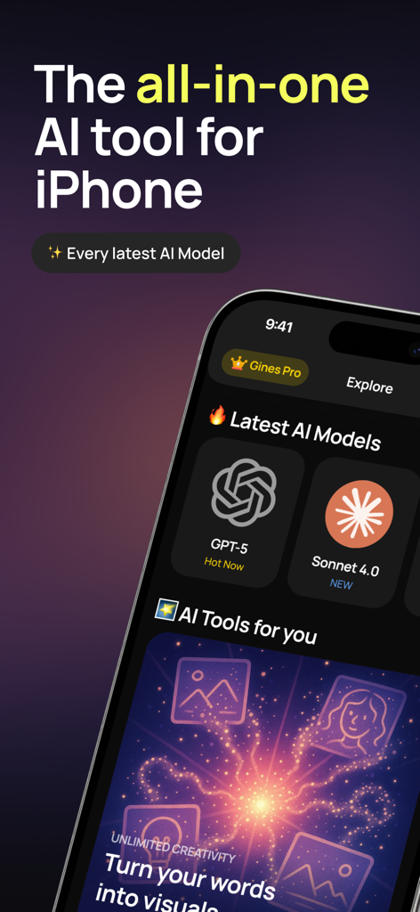 AI mini apps: Gines - Gines mobile app screenshot showing the latest AI models including GPT-5 and Sonnet 4.0 on an iPhone