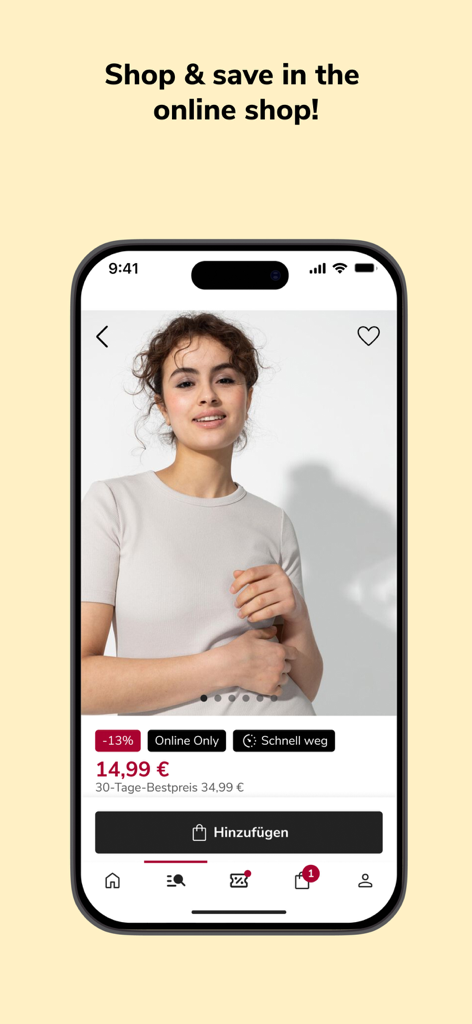 Takko Friends App-Oberfläche, die einen rabattierten Kleidungsartikel mit einer Schaltfläche zum Hinzufügen zum Warenkorb zeigt