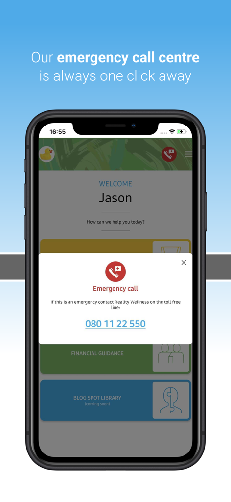 Reality Wellness Group - Smartphone mostrando la ventana emergente de llamada de emergencia de la aplicación Reality Wellness con un número gratuito 24/7.