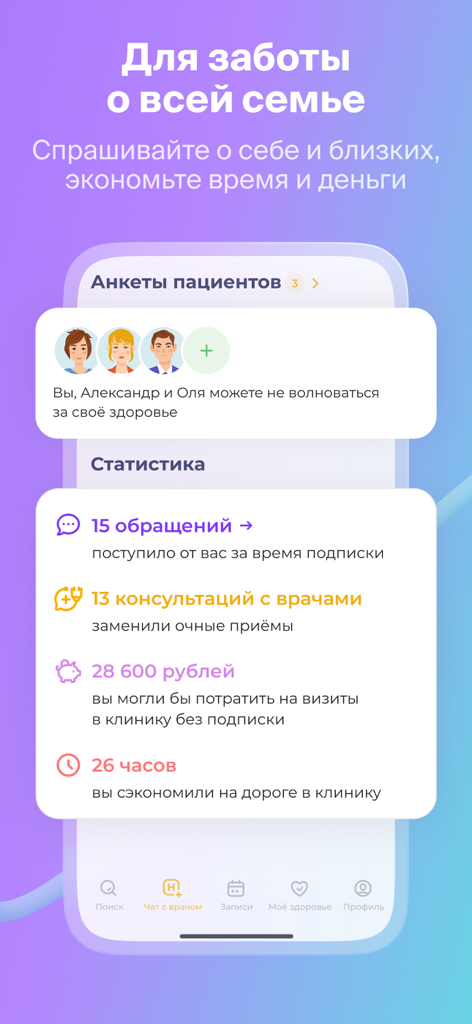 НаПоправку - врачи онлайн 24/7 - Pantalla de la aplicación NaPopravku que muestra perfiles de salud familiar y estadísticas sobre el tiempo y el dinero ahorrados a través de consultas médicas en línea