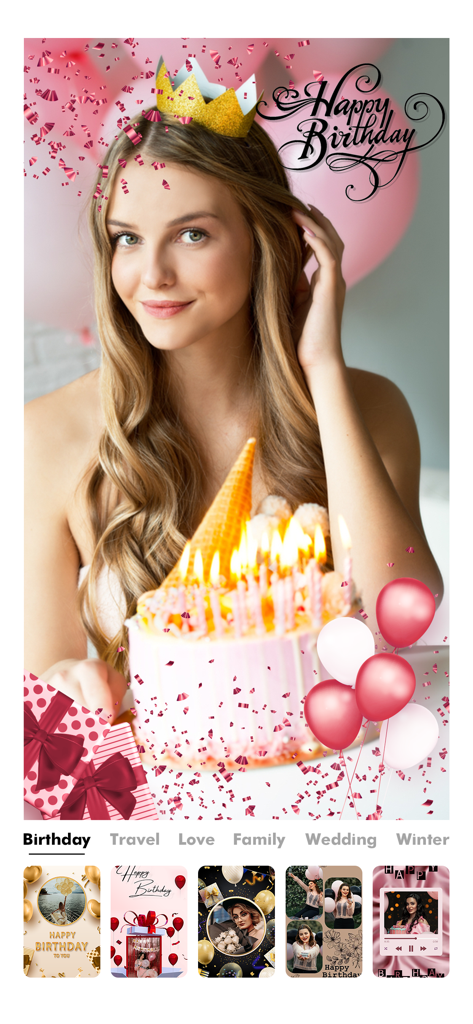 Photo Collage Maker・ - フォトコラージュメーカーアプリが、誕生日をテーマにしたテンプレートとサンプルのお祝い写真レイアウトを表示。