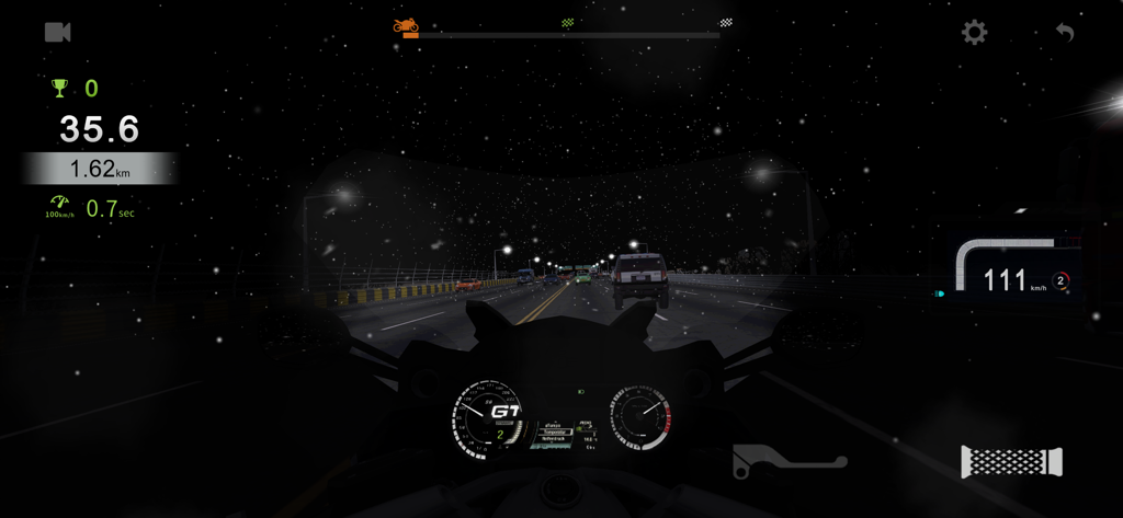 Real Moto Traffic - First person view of a motorcycle riding through highway traffic during a snowy night