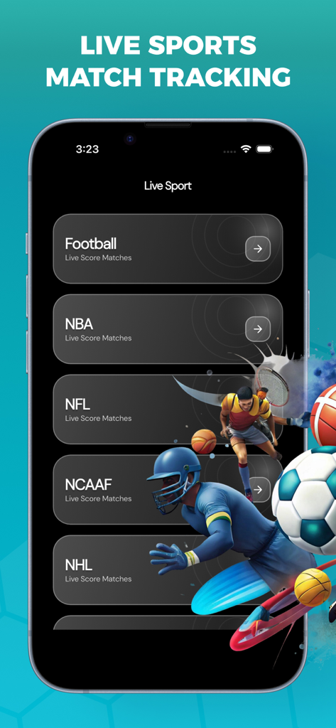 Buffstreams - Live Sports - Buffstreams app interface showing live match tracking categories for Football NBA NFL NCAAF and NHL