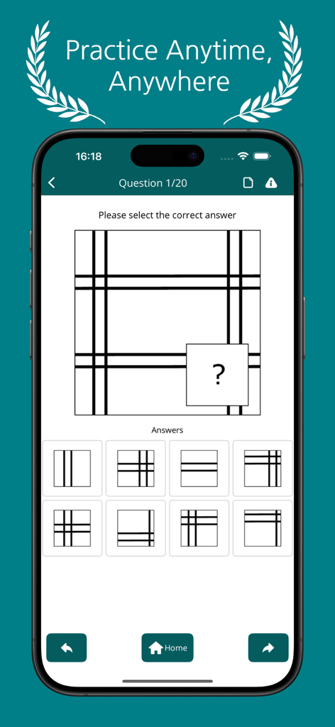 IQ Test: Raven's Matrices Pro - Mobile app screen showing a Raven's Progressive Matrices logic puzzle with multiple-choice pattern answers