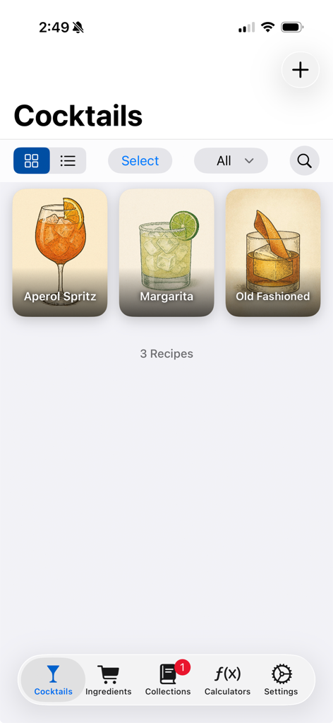 Eine Gitteransicht der Bevnap-App, die Cocktailrezepte für Aperol Spritz, Margarita und Old Fashioned mit professionellen Illustrationen zeigt.