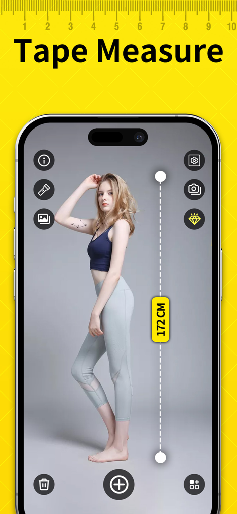 Level Tool・Tape Measure・AR App - iPhone screen showing an AR tape measure app measuring a person's height
