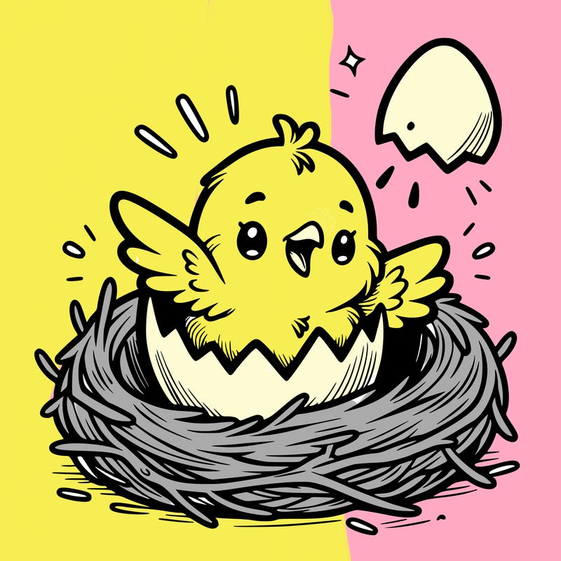 a baby chick hatching from an egg in a nest