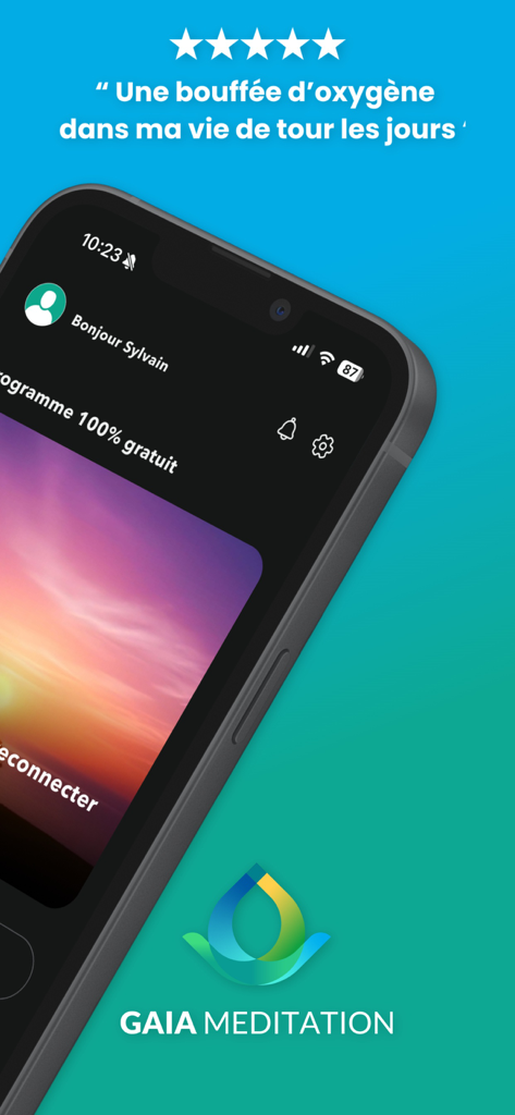 Gaia Meditation: Well-being - Gaia Meditation wellness app interface on a smartphone with a positive user review and five star rating