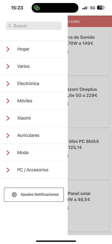Menú de navegación lateral de la aplicación de compras No lo dejes escapar que muestra categorías de ofertas como electrónica, moda y teléfonos móviles.